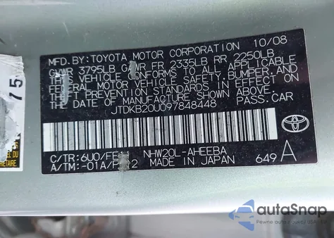 2009 Toyota Prius from USA, damaged, VIN JTDKB20U097848448